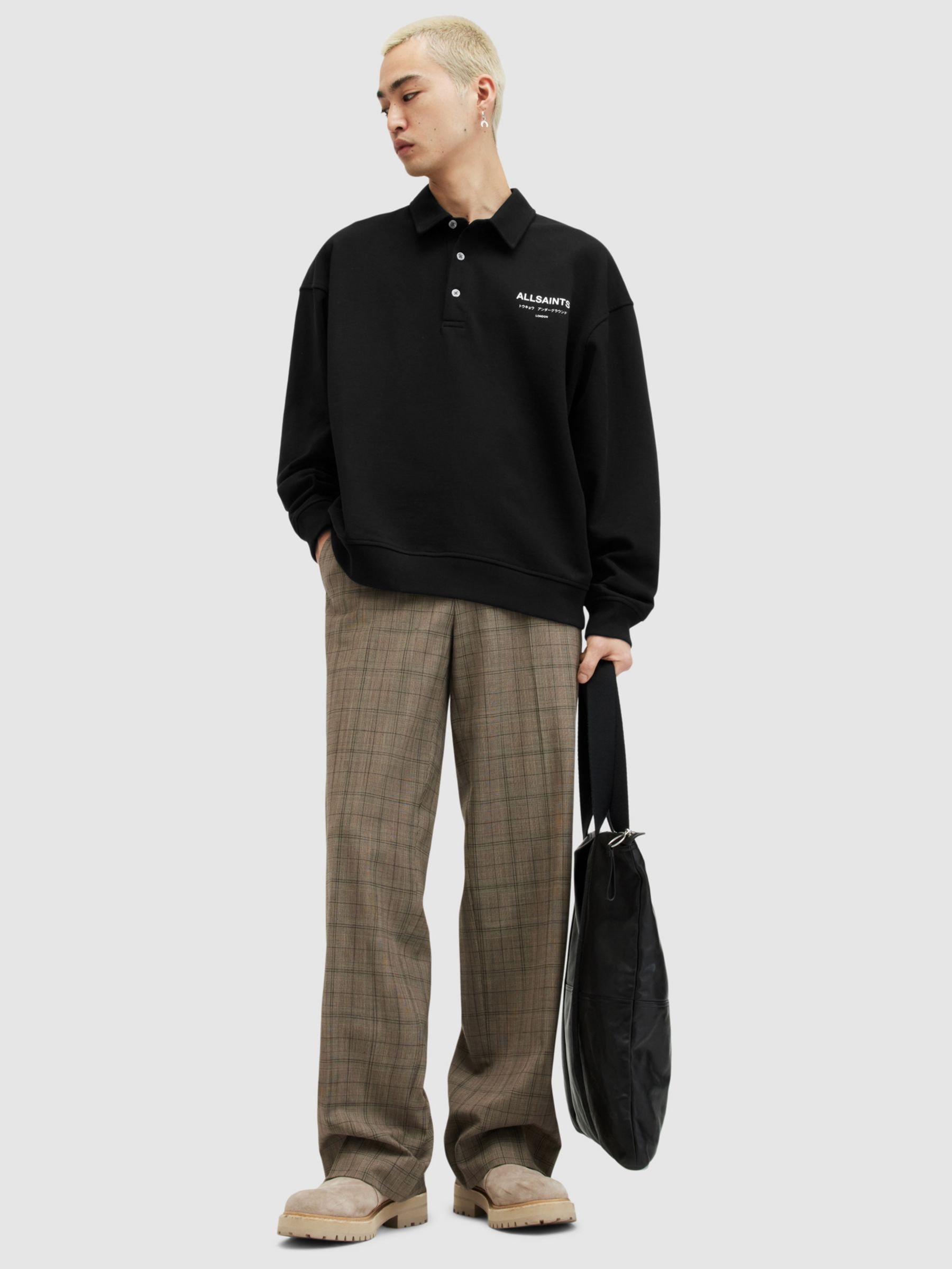 AllSaints Underground Organic Cotton Long Sleeve Polo Shirt, Black, L