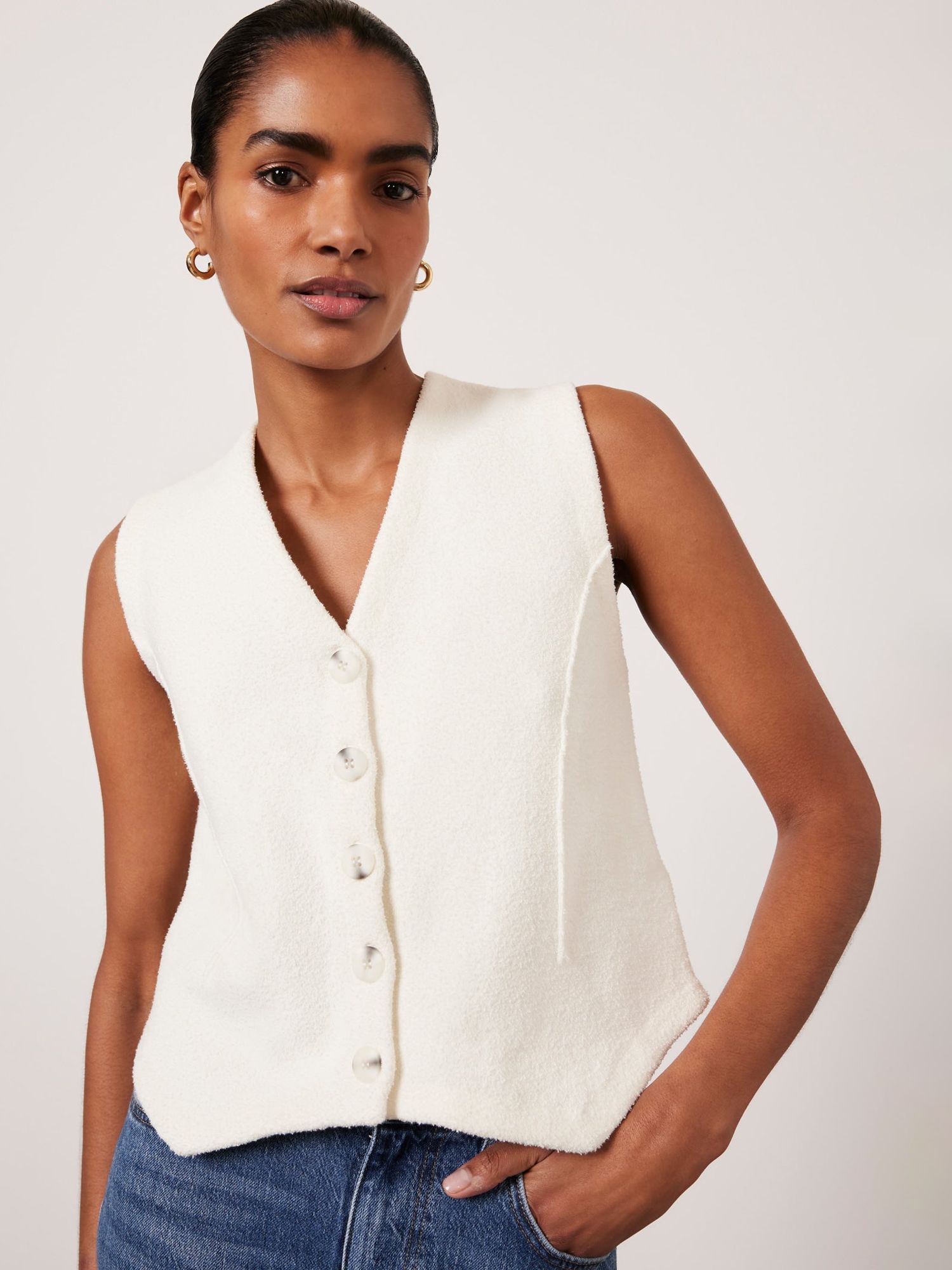 Mint Velvet Button Knit Waistcoat, White Ivory, S