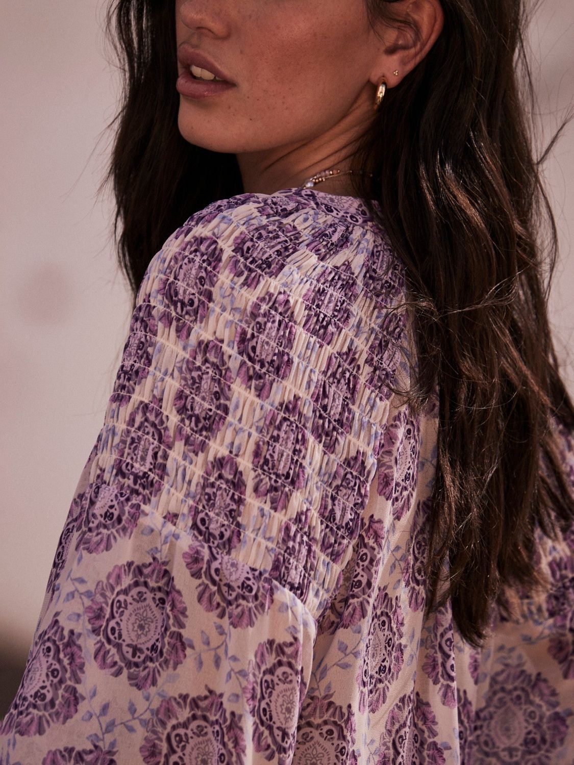 Buy Mint Velvet Floral Print Shirred Shoulder Blouse, Purple/Multi Online at johnlewis.com