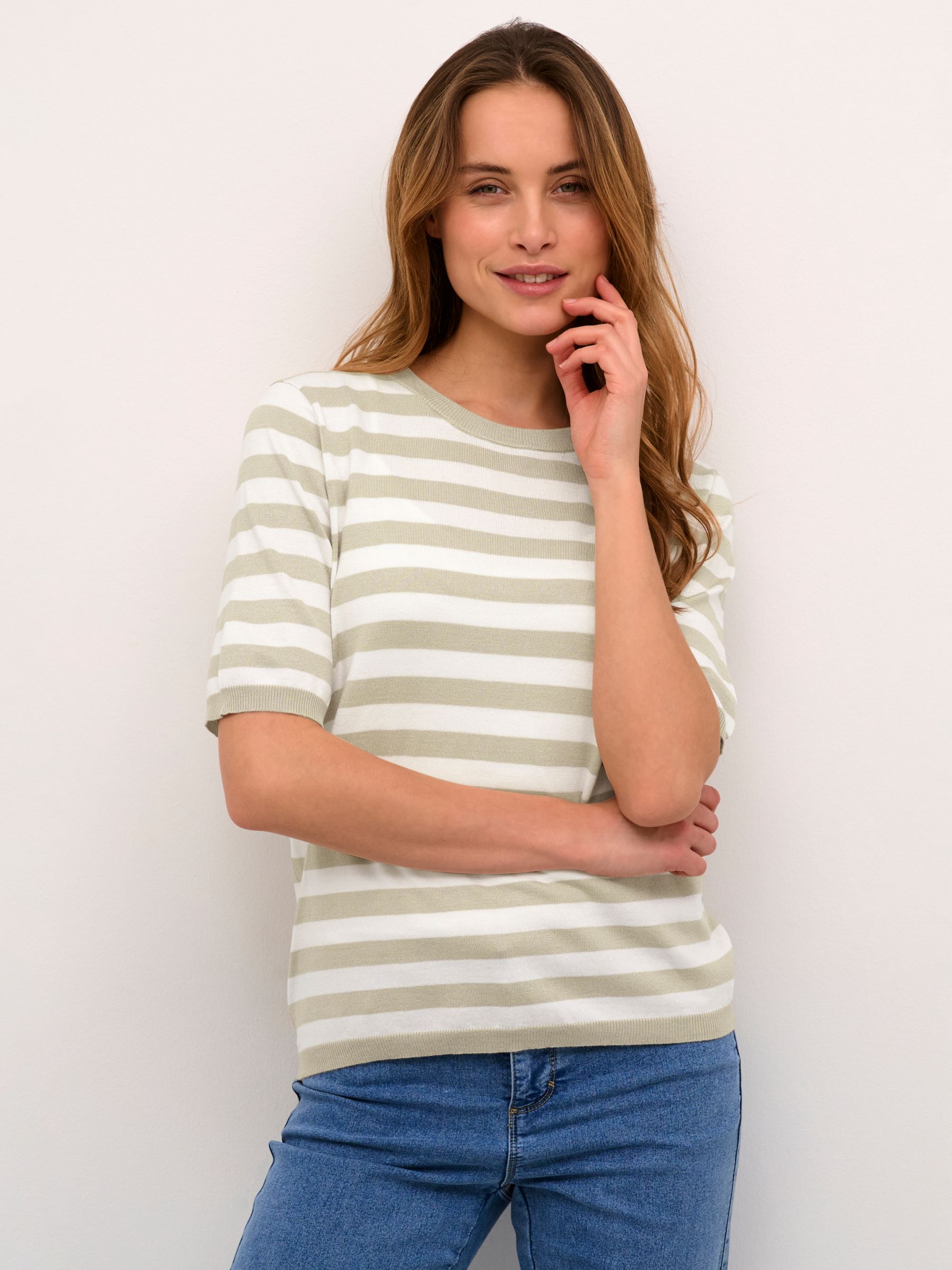 KAFFE Milo Striped Knitted Half Sleeve Top, Feather Grey/Chalk, XS