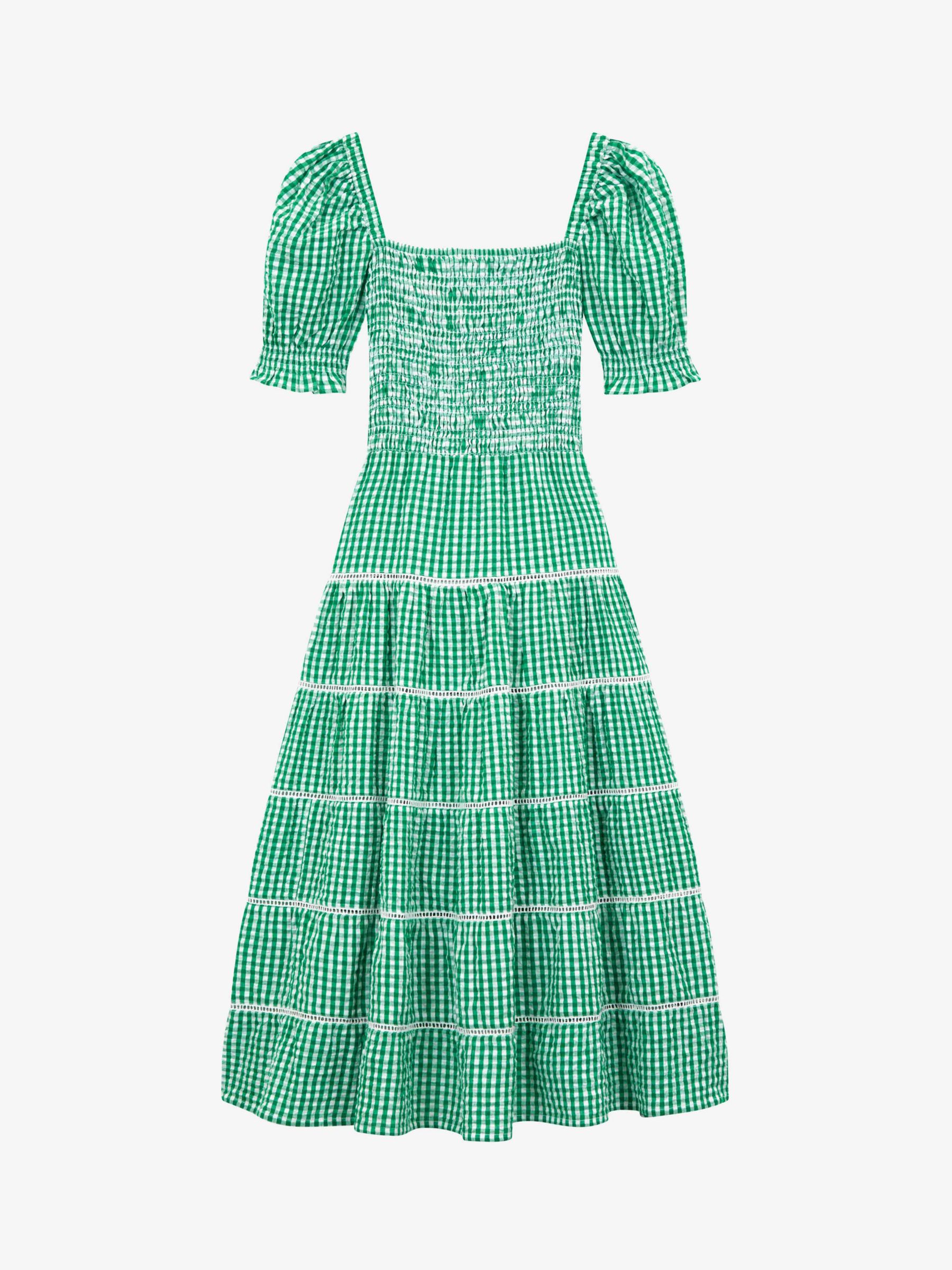 Brora Gingham Smock Tiered Dress, Emerald, 6