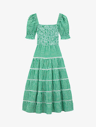 Brora Gingham Smock Tiered Dress, Emerald