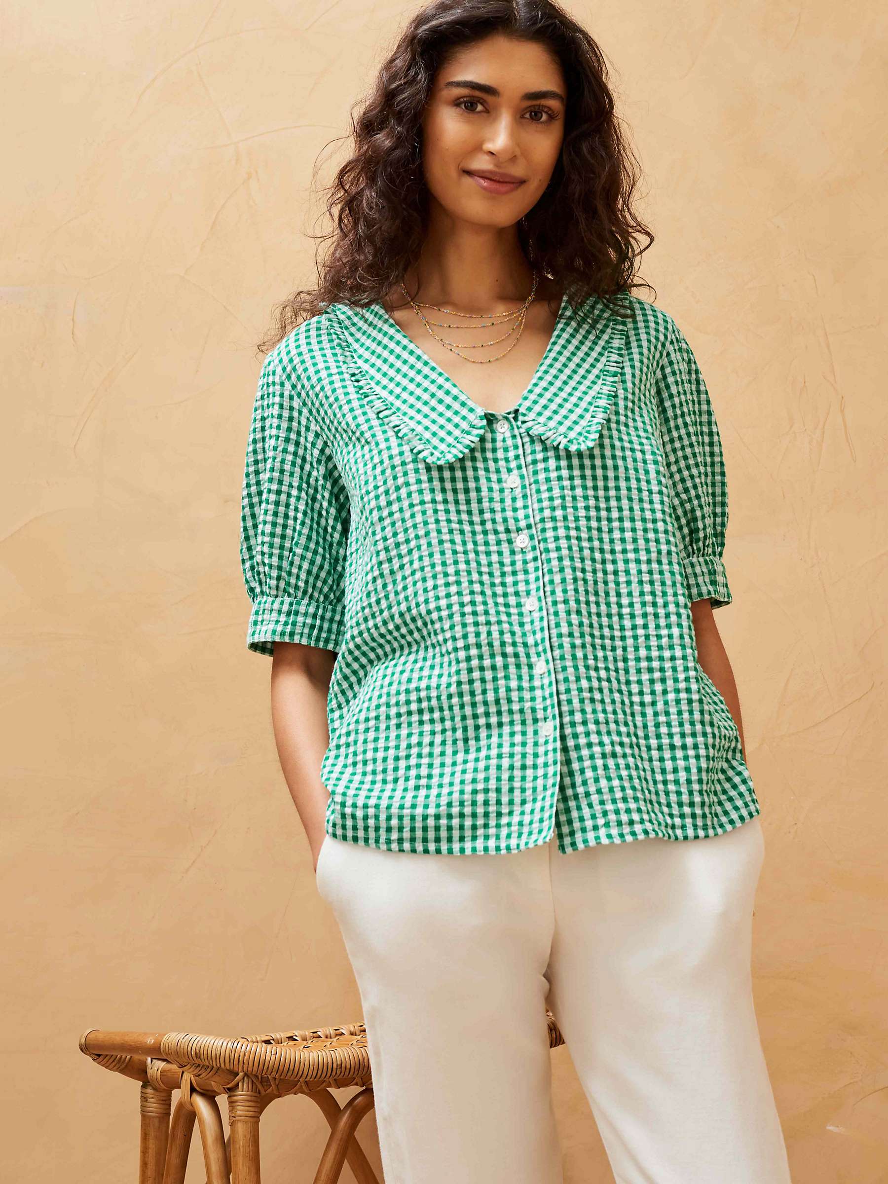 Buy Brora Gingham Chelsea Collar Shirt, Emerald Online at johnlewis.com