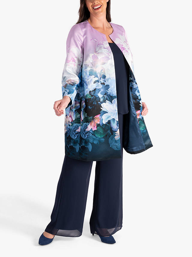 chesca Longline Floral Satin Coat, Lilac/Blue