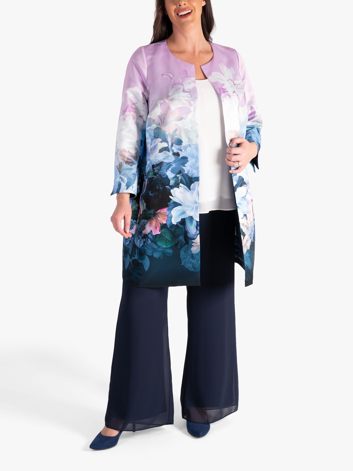 chesca Longline Floral Satin Coat, Lilac/Blue, 12-14