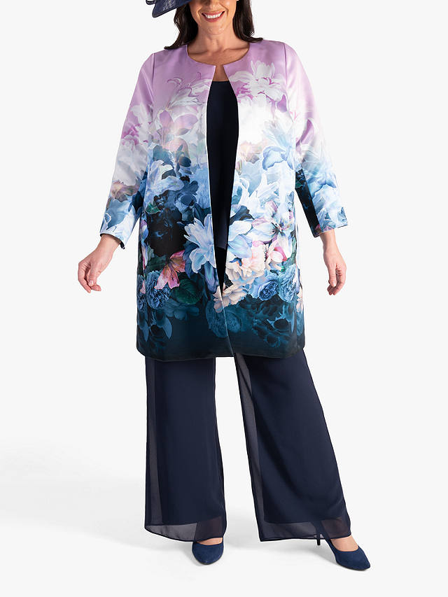 chesca Longline Floral Satin Coat, Lilac/Blue