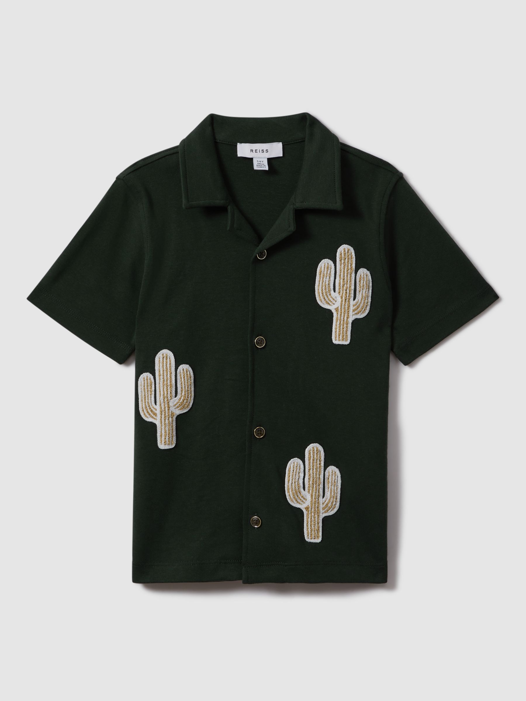 Reiss Stan Embroidered Cactus Cuban Shirt, Dark Green/Multi, 9-10 years