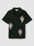 Reiss Stan Embroidered Cactus Cuban Shirt, Dark Green/Multi