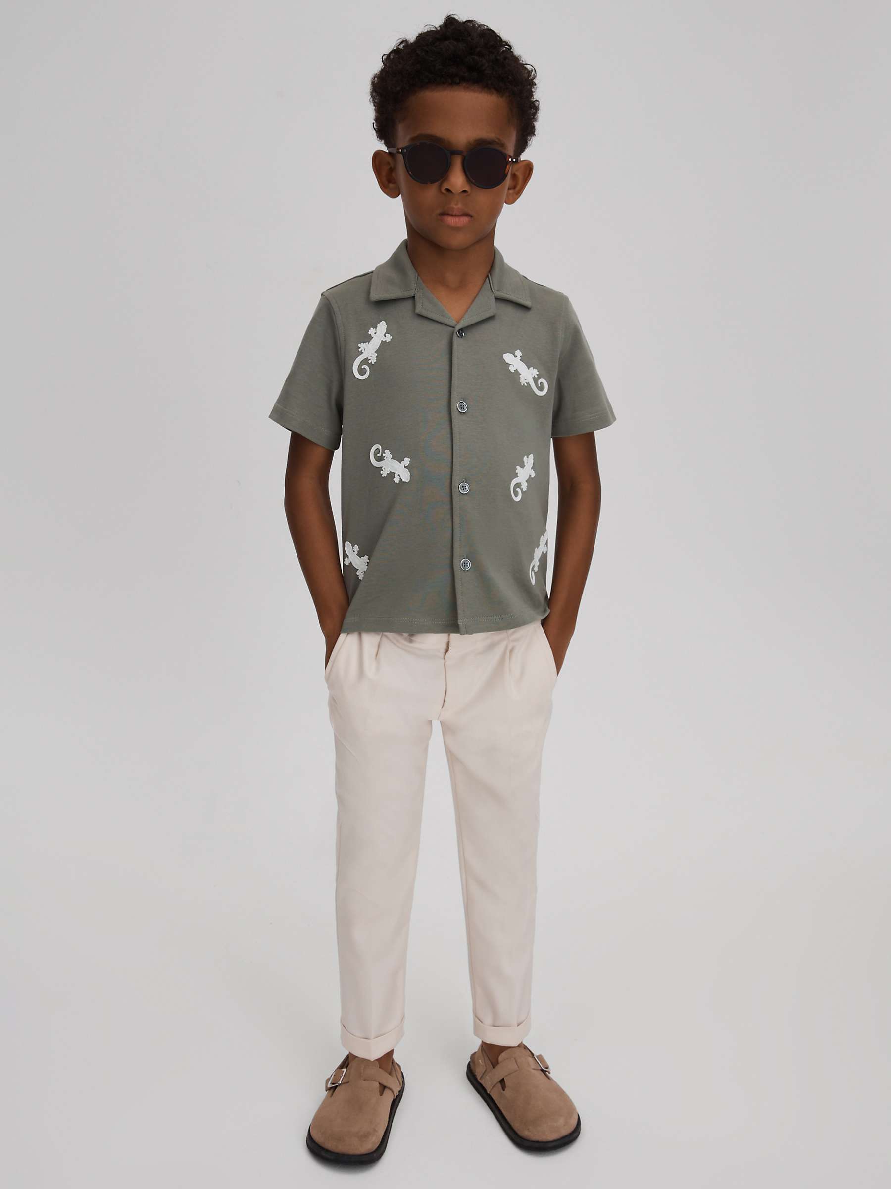 Buy Reiss Kids' Thar Embroidered Lizard Cuban Shirt, Sage/White Online at johnlewis.com