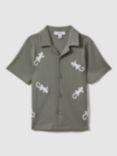 Reiss Kids' Thar Embroidered Lizard Cuban Shirt, Sage/White