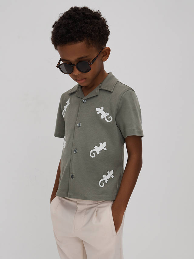 Reiss Kids' Thar Embroidered Lizard Cuban Shirt, Sage/White