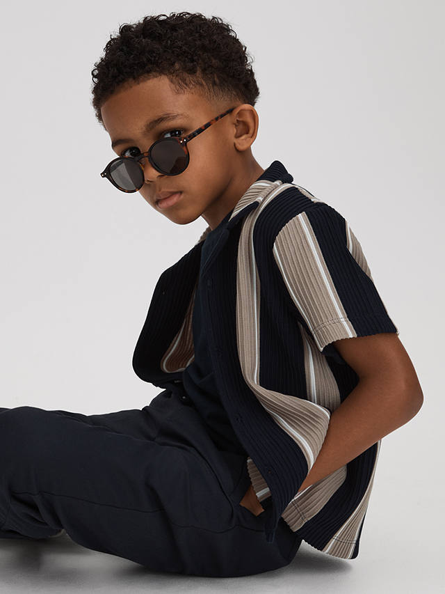 Reiss Kids' Alton Stripe Cuban Short Sleeve Shirt, Navy/Stone