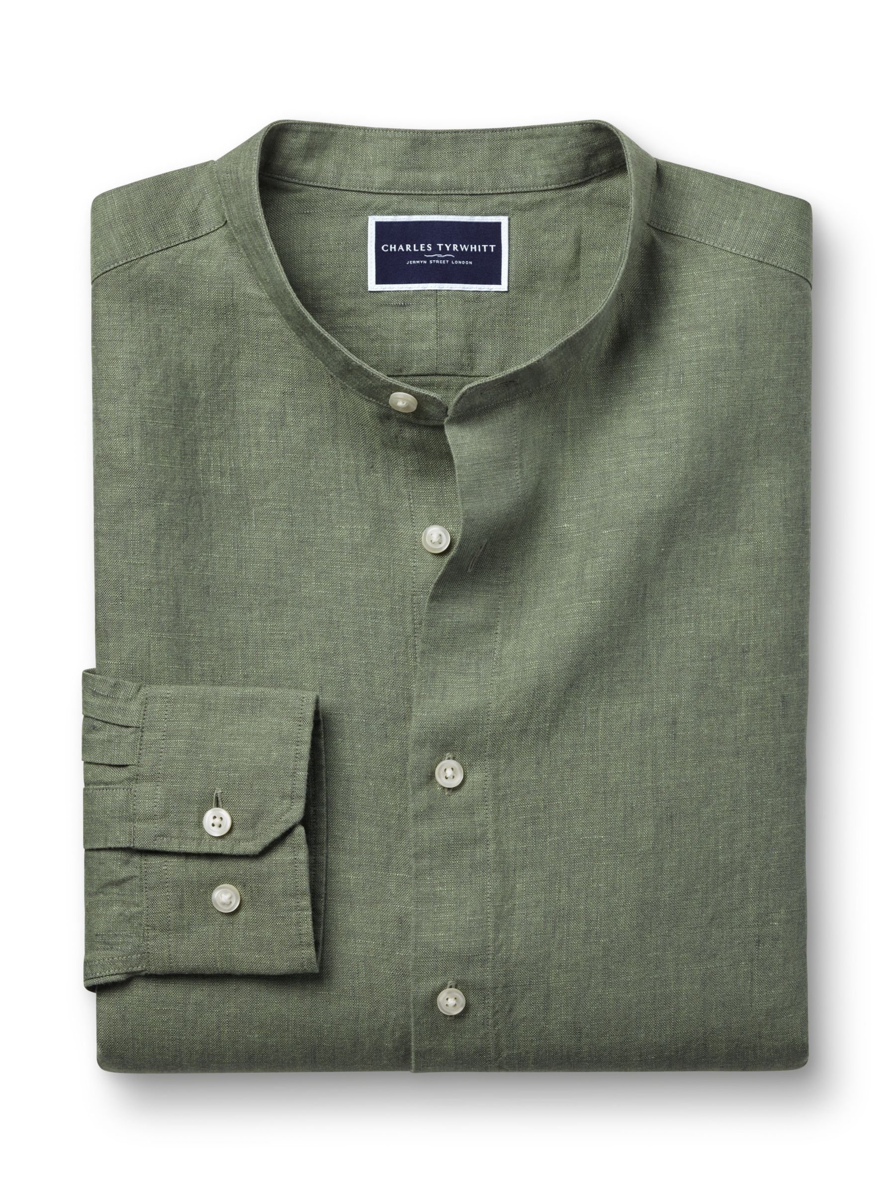 Buy Charles Tyrwhitt Linen Collarless Slim Fit Shirt, Olive Green Online at johnlewis.com