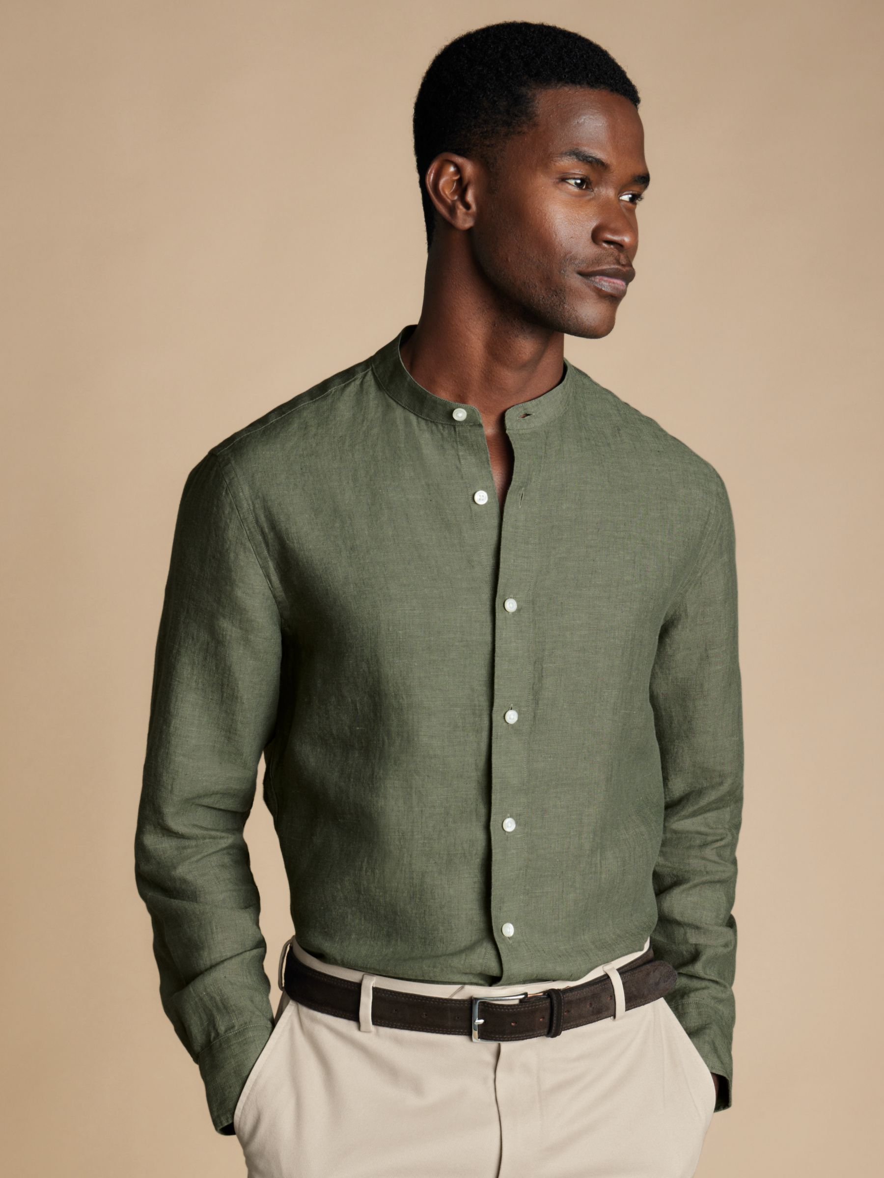 Charles Tyrwhitt Linen Collarless Slim Fit Shirt, Olive Green, S