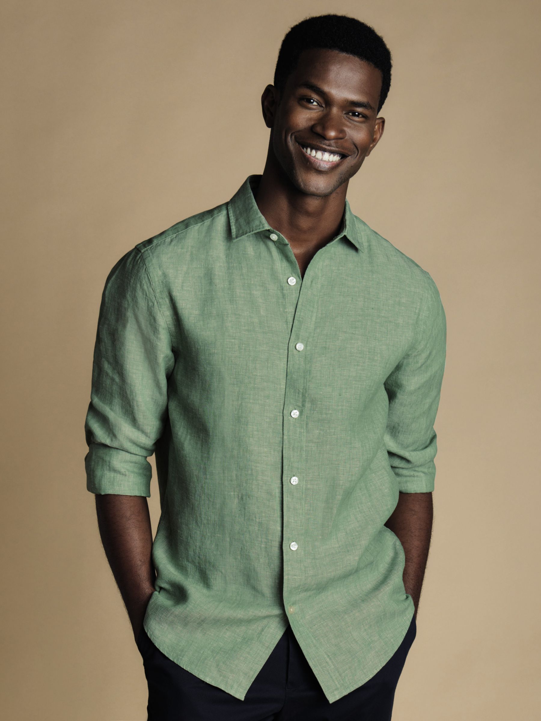 Charles Tyrwhitt Linen Short Sleeve Slim Fit Shirt, Light Green, M