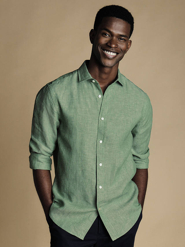 Charles Tyrwhitt Linen Short Sleeve Slim Fit Shirt, Light Green