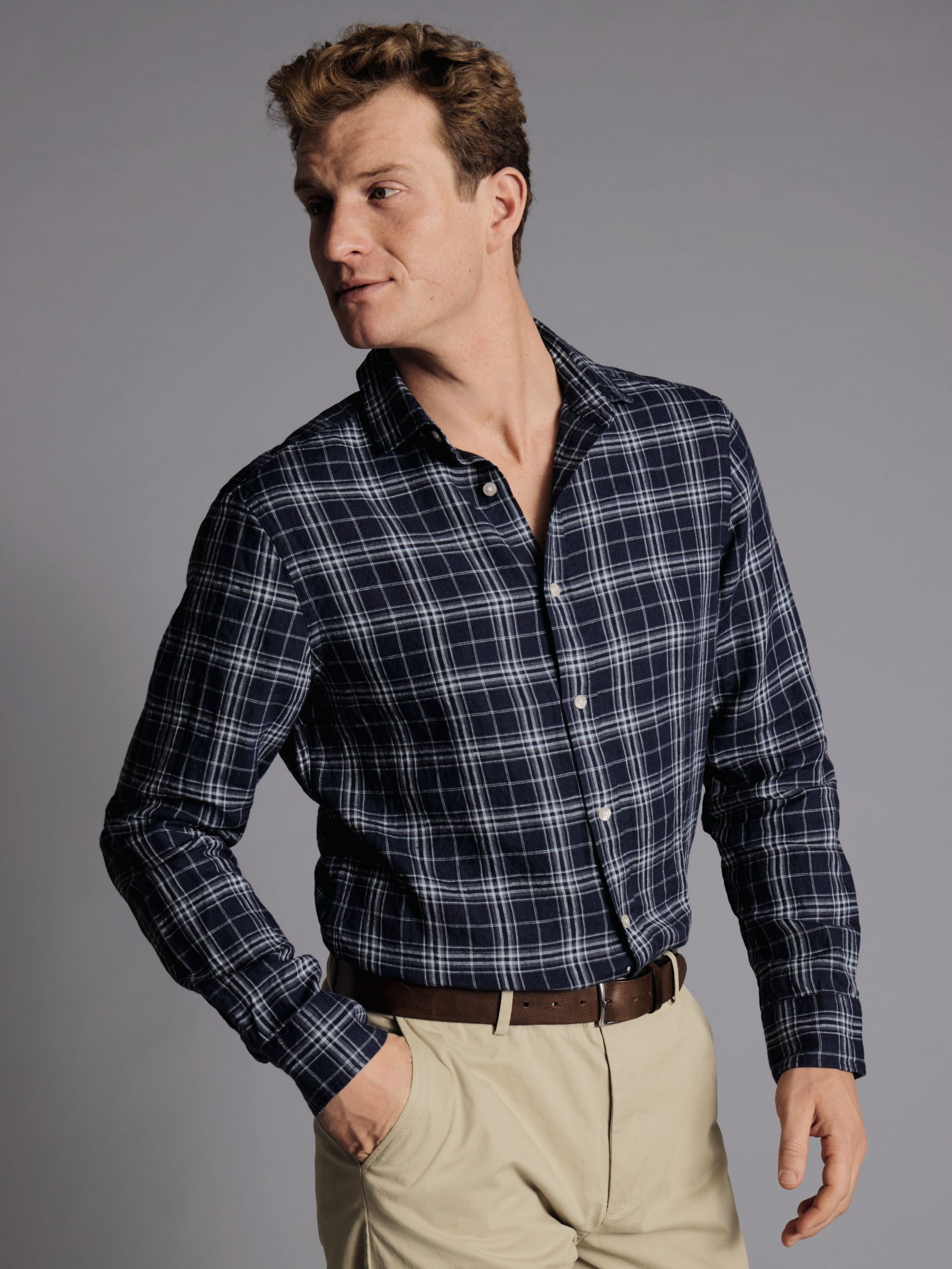 Charles Tyrwhitt Check Slim Fit Linen Shirt, French Blue, S