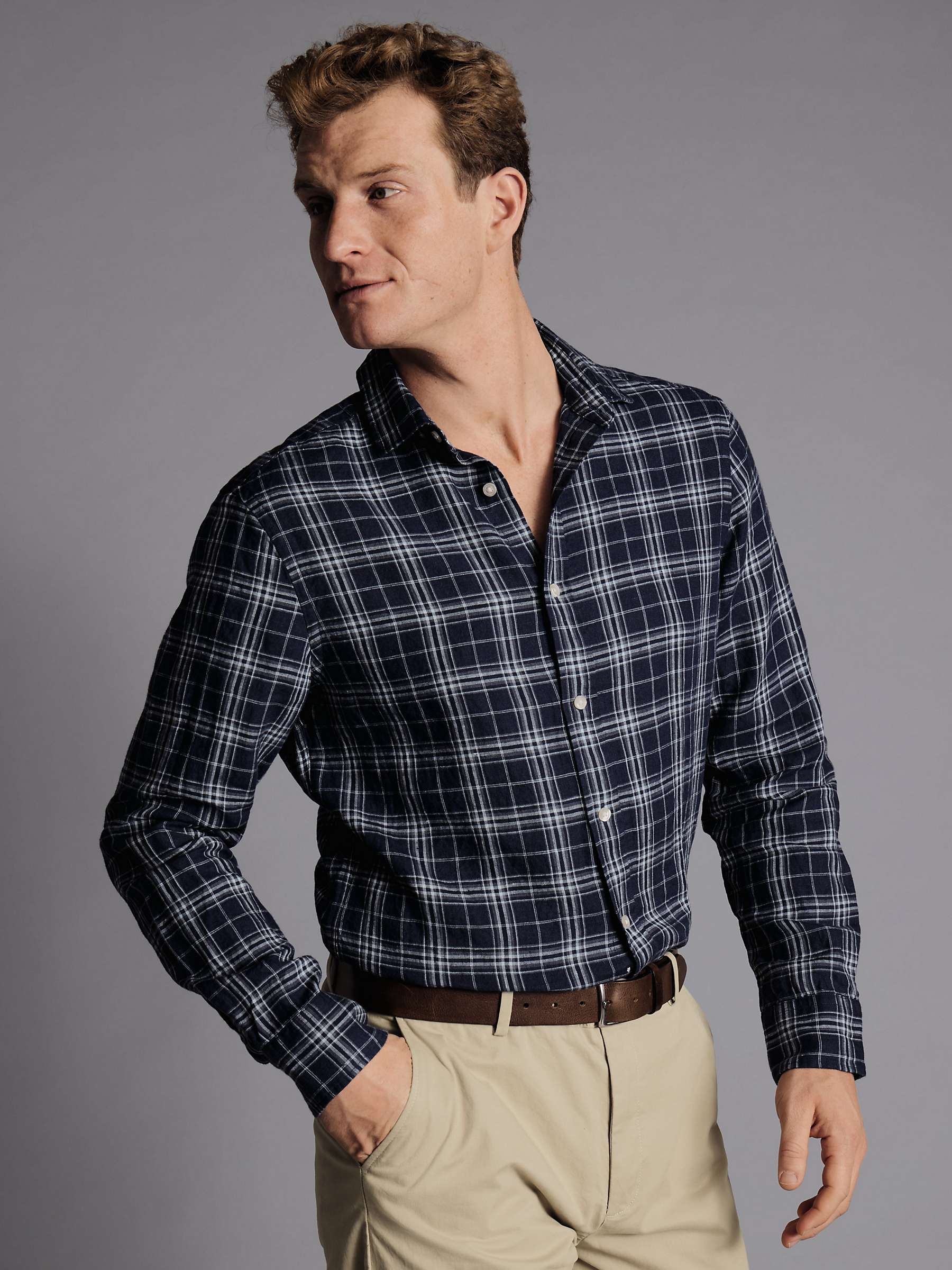 Buy Charles Tyrwhitt Check Slim Fit Linen Shirt, French Blue Online at johnlewis.com