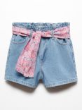 Mango Kids' Gala Paisley Belt Denim Shorts, Open Blue