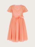 Monsoon Kids' Embroidered Floral Chevron Sequin Tulle Occasion Dress, Coral