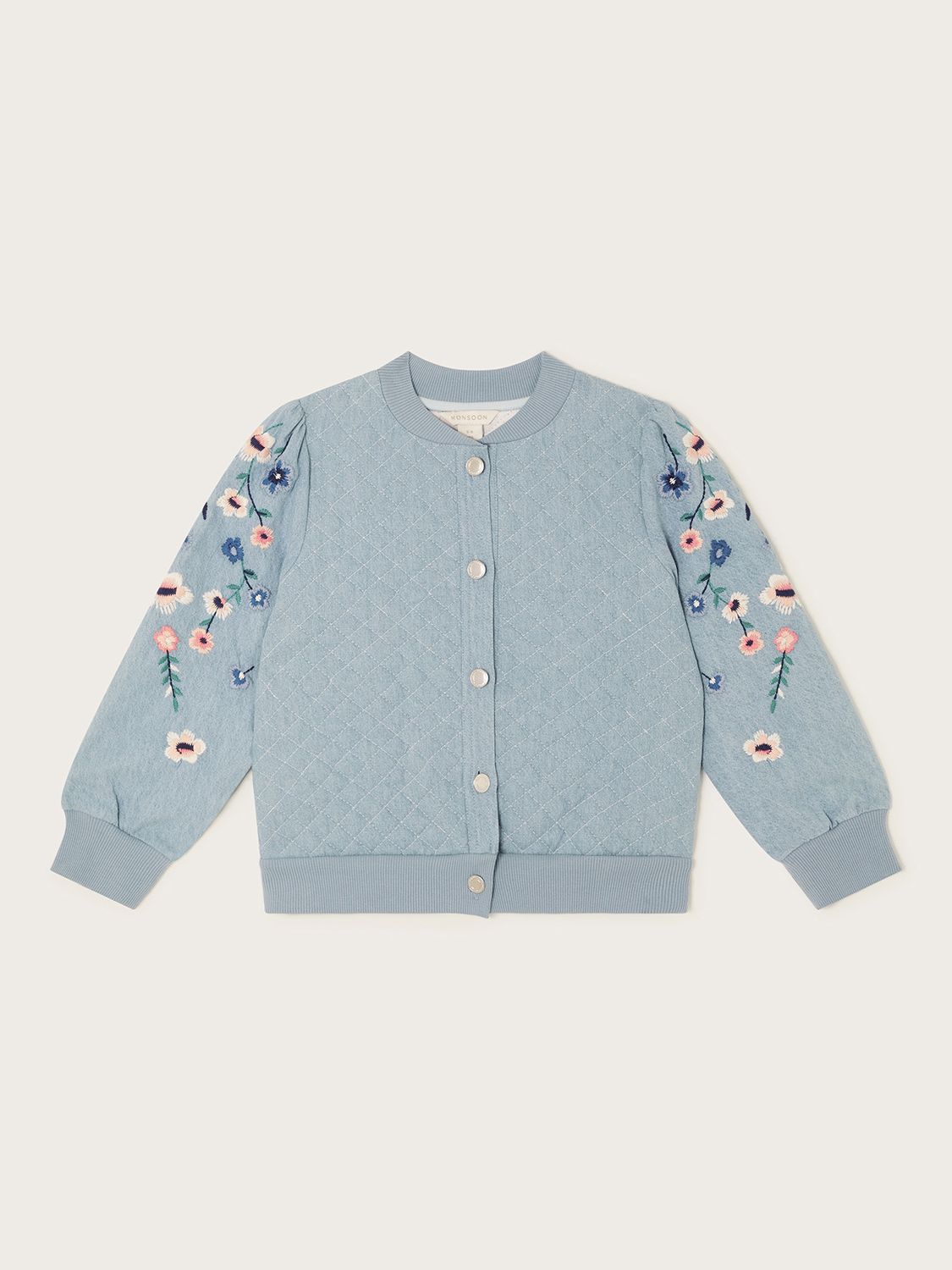 Monsoon Kids' Chambray Floral Embroidered Bomber Jacket, Blue, 3-4 years