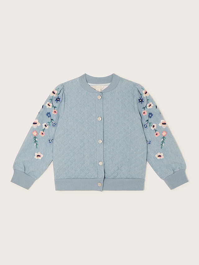 Monsoon Kids' Chambray Floral Embroidered Bomber Jacket, Blue
