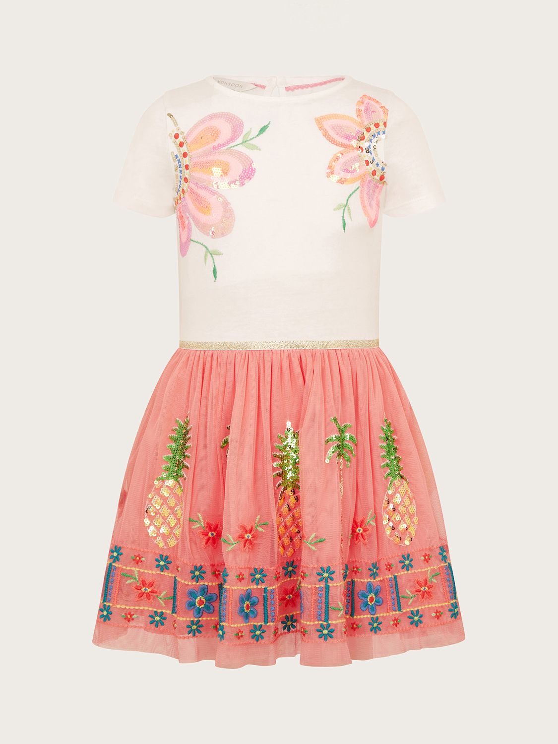 Buy Monsoon Kids' Sequin Tropical Disco Dress, Coral/Multi Online at johnlewis.com