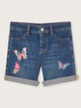 Monsoon Kids' Butterfly Embroidered Denim Shorts, Blue/Multi