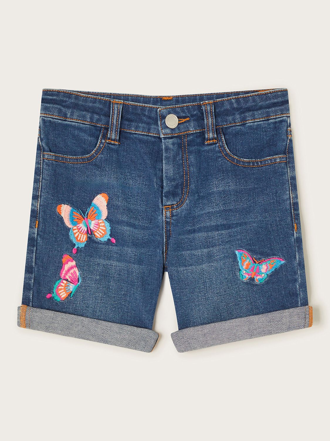 Monsoon Kids' Butterfly Embroidered Denim Shorts, Blue/Multi, 14-15 years