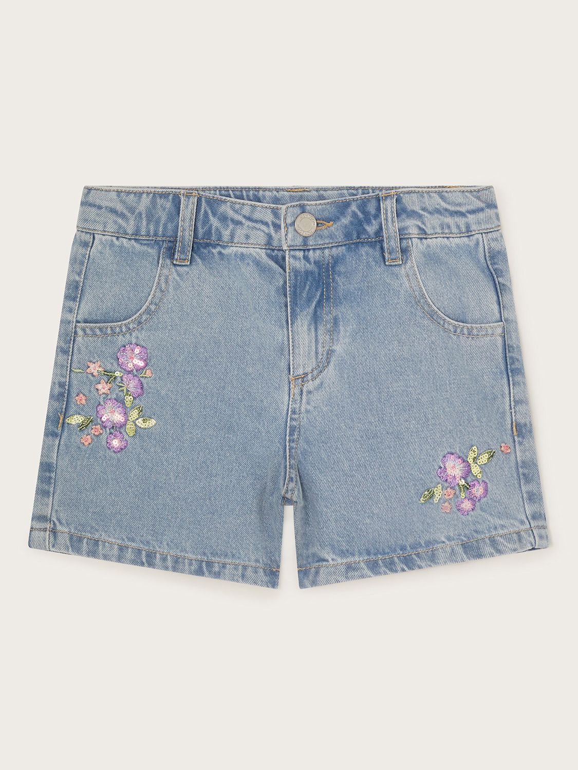 Monsoon Kids' Floral Embroidered Denim Shorts, Blue, 3 years