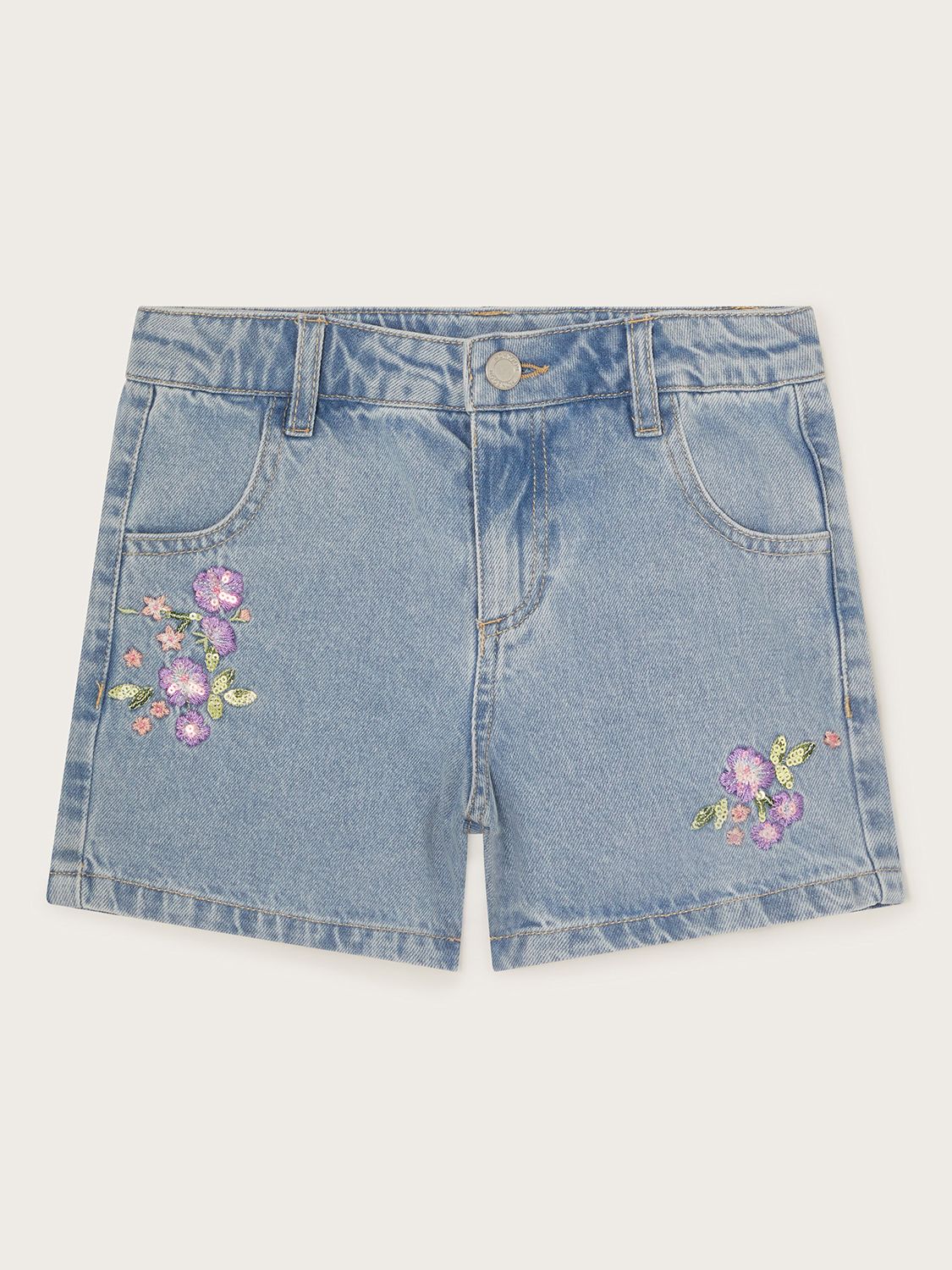 Monsoon Kids' Floral Embroidered Denim Shorts, Blue