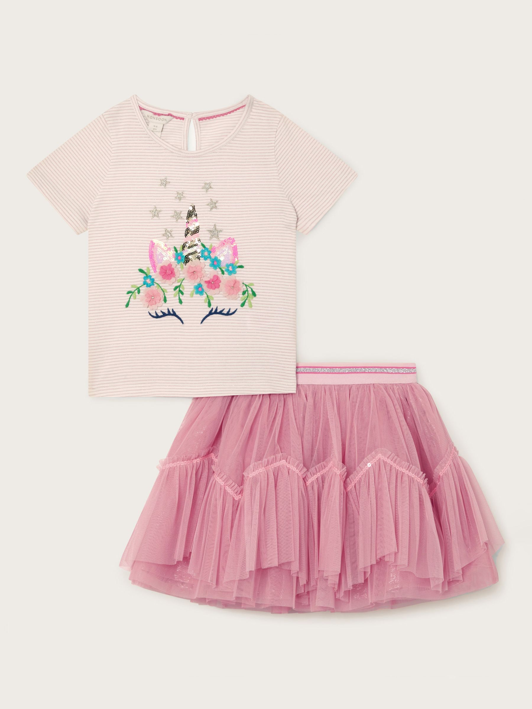 Monsoon Kids' Unicorn Head Top and Skirt Set, Pink, 3-4 years