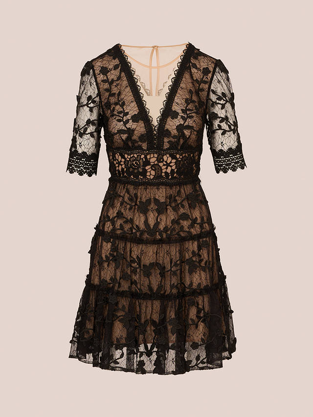 Adrianna Papell Lace Embroidery Mini Dress, Black/Nude