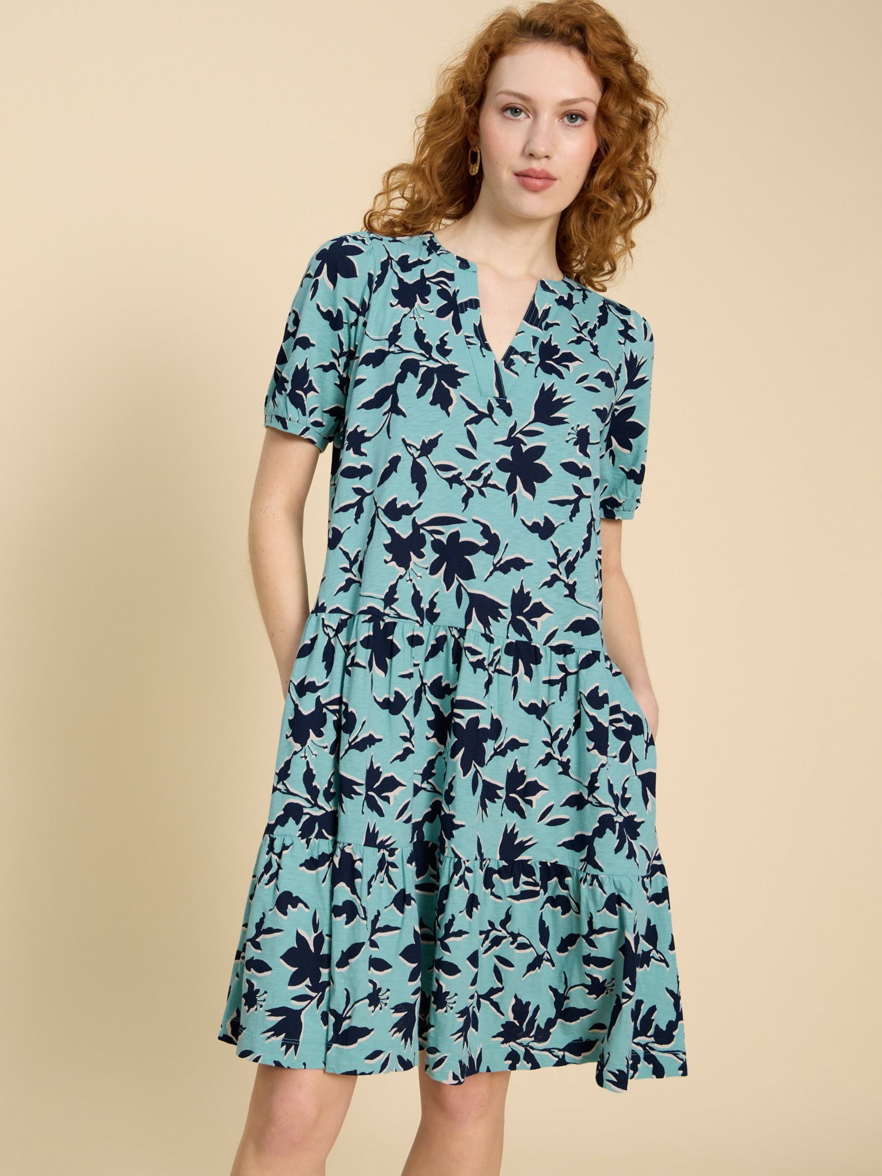 White Stuff Clara Floral Cotton Dress, Teal/Navy, 8