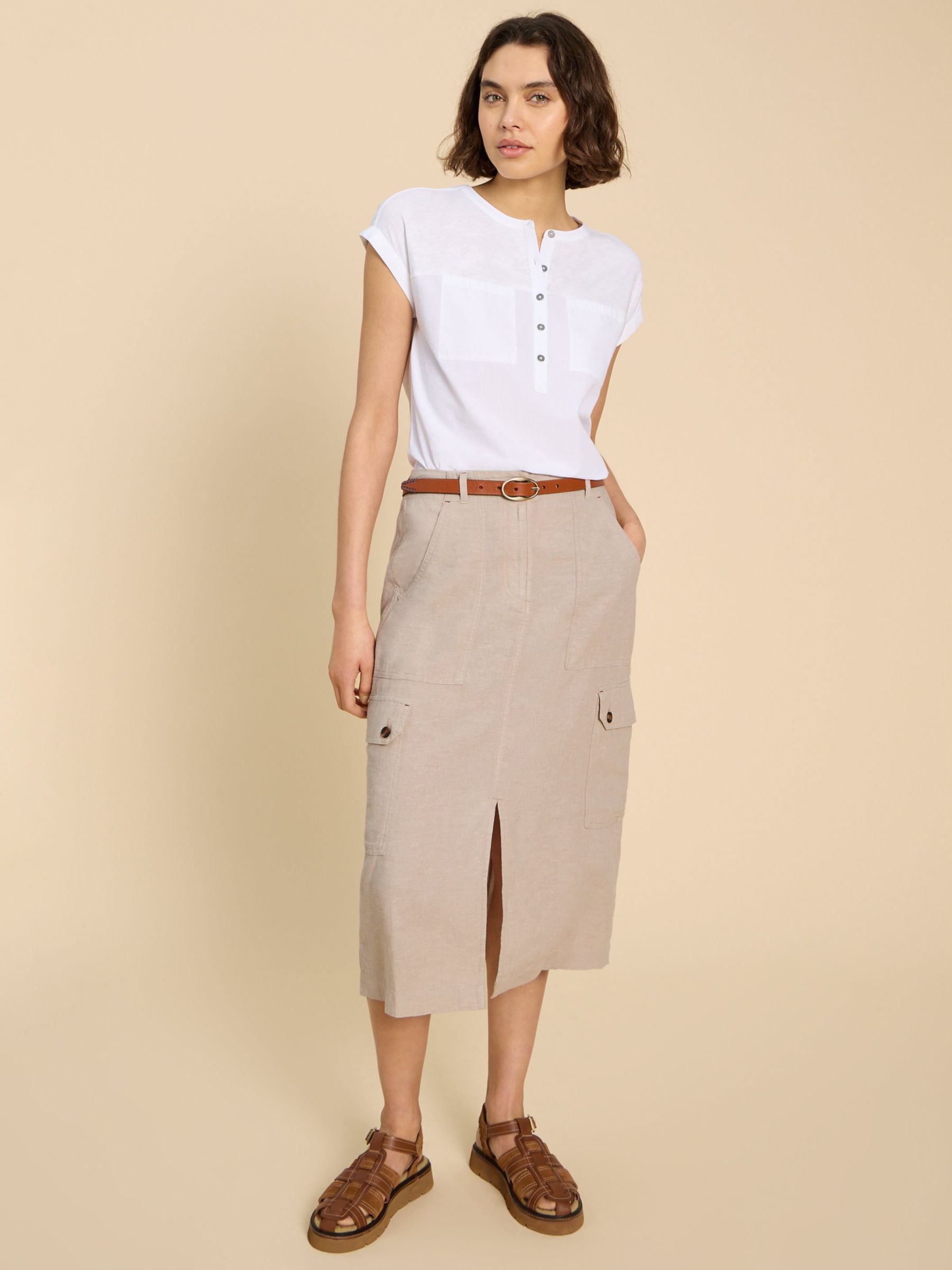 White Stuff Arabella Linen Blend Midi Skirt, Light Natural, 6