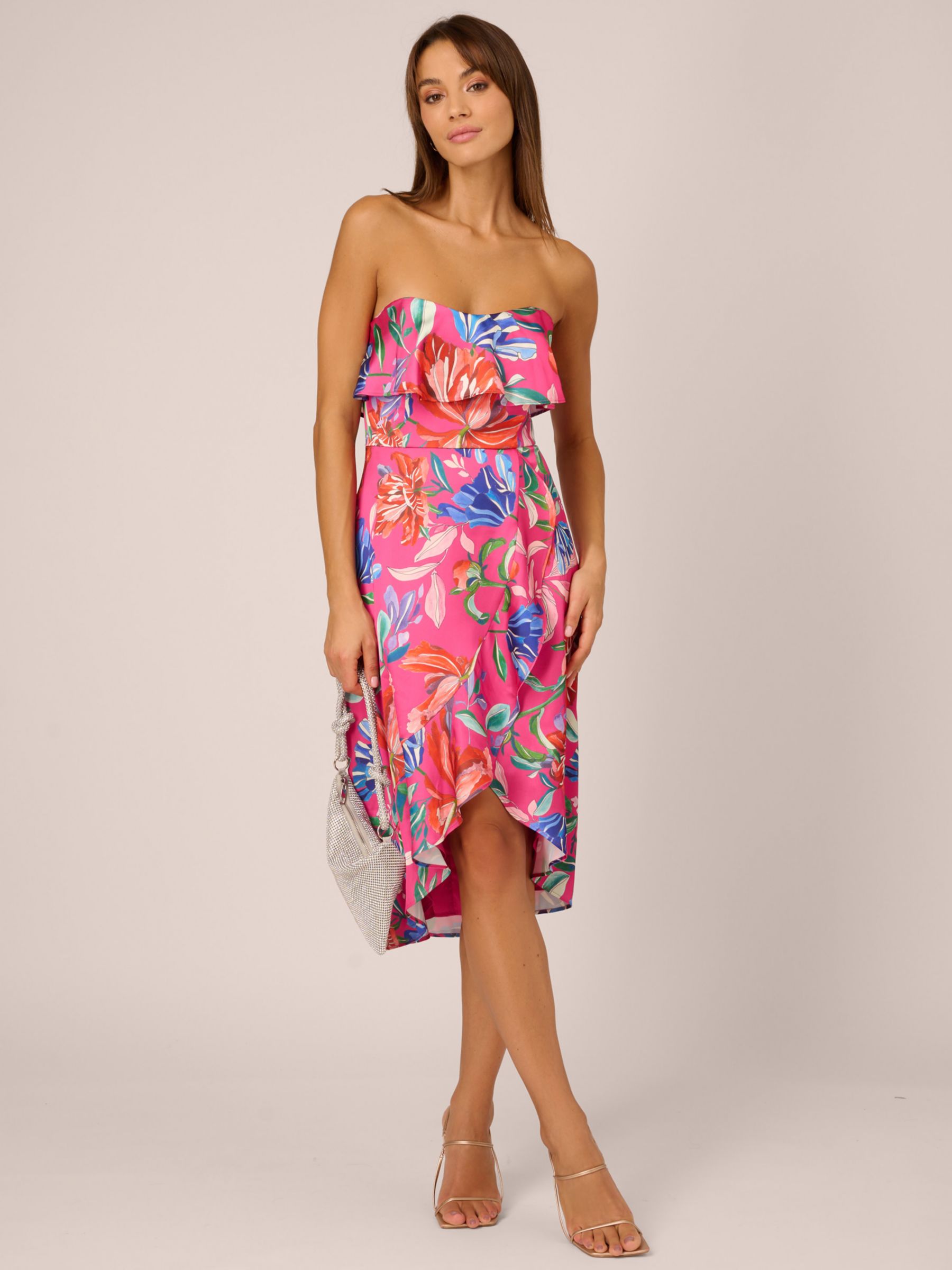 Buy Adrianna by Adrianna Papell Floral Asymmetric Hem Midi Sateen Bandeau Dress, Pink/Multi Online at johnlewis.com