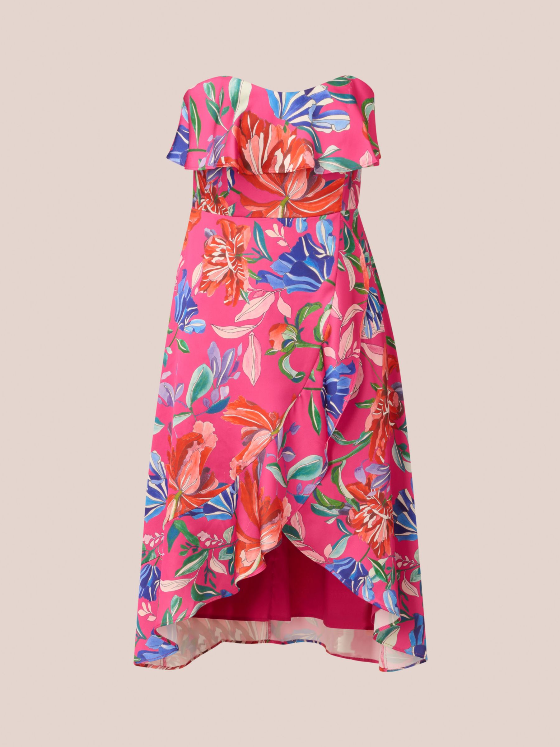 Adrianna by Adrianna Papell Floral Asymmetric Hem Midi Sateen Bandeau Dress, Pink/Multi, 6