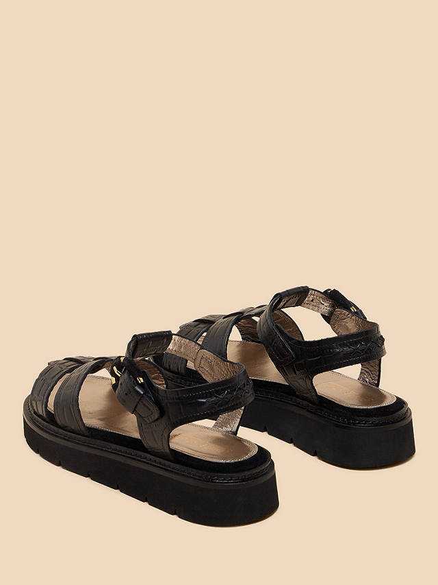 White Stuff Rose Croc Effect Leather Flatform Sandals, Black