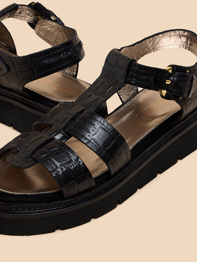 White Stuff Rose Croc Effect Leather Flatform Sandals, Black