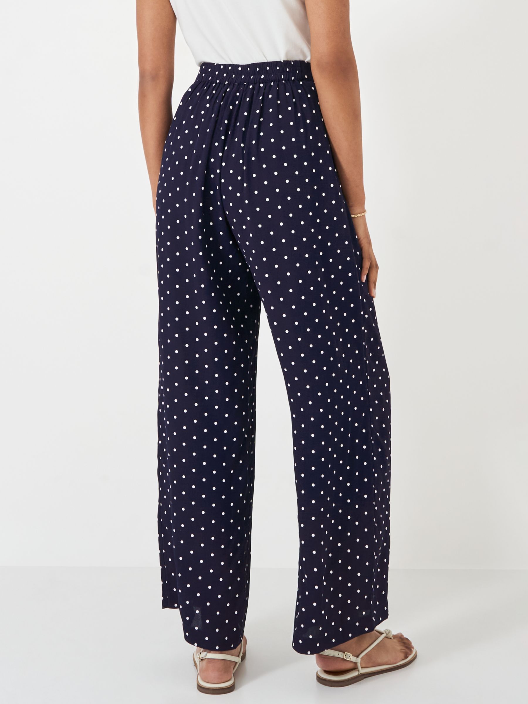 Crew Clothing Dion Wide Leg Polka Dot Trousers, Navy/White, 6