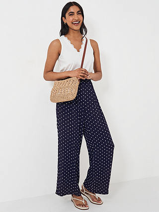 Crew Clothing Dion Wide Leg Polka Dot Trousers, Navy/White