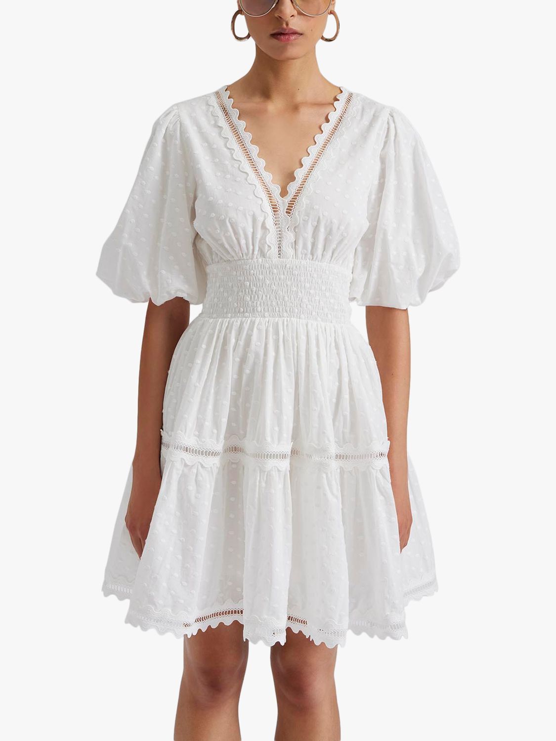 Malina Elvira Cotton Dobby Spot Mini Dress, White, S