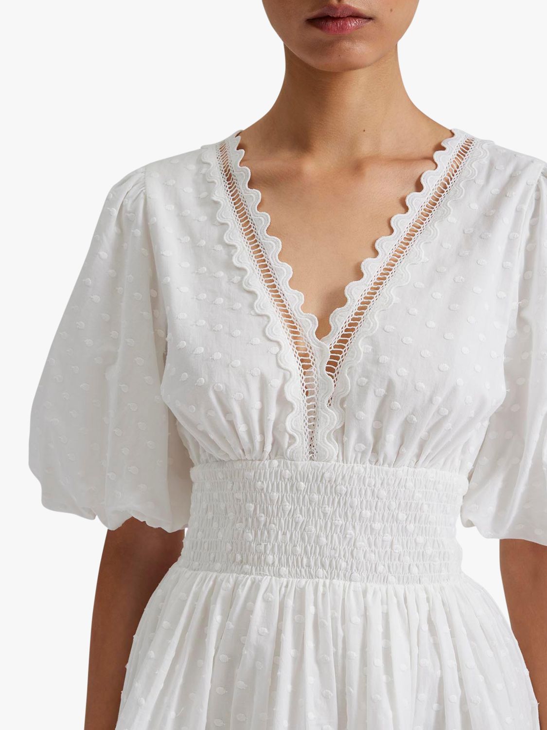 Malina Elvira Cotton Dobby Spot Mini Dress, White, S
