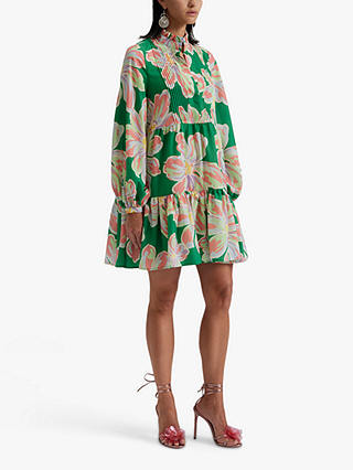 Malina Gloria Floral Print Oversized Tiered Mini Dress, Green Lily/Multi