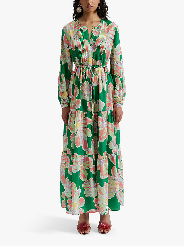 Malina Casey Floral Print Tiered Maxi Dress, Green Lily/Multi