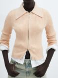 Mango Pinton Rib Knit Zip Front Cardigan, Beige