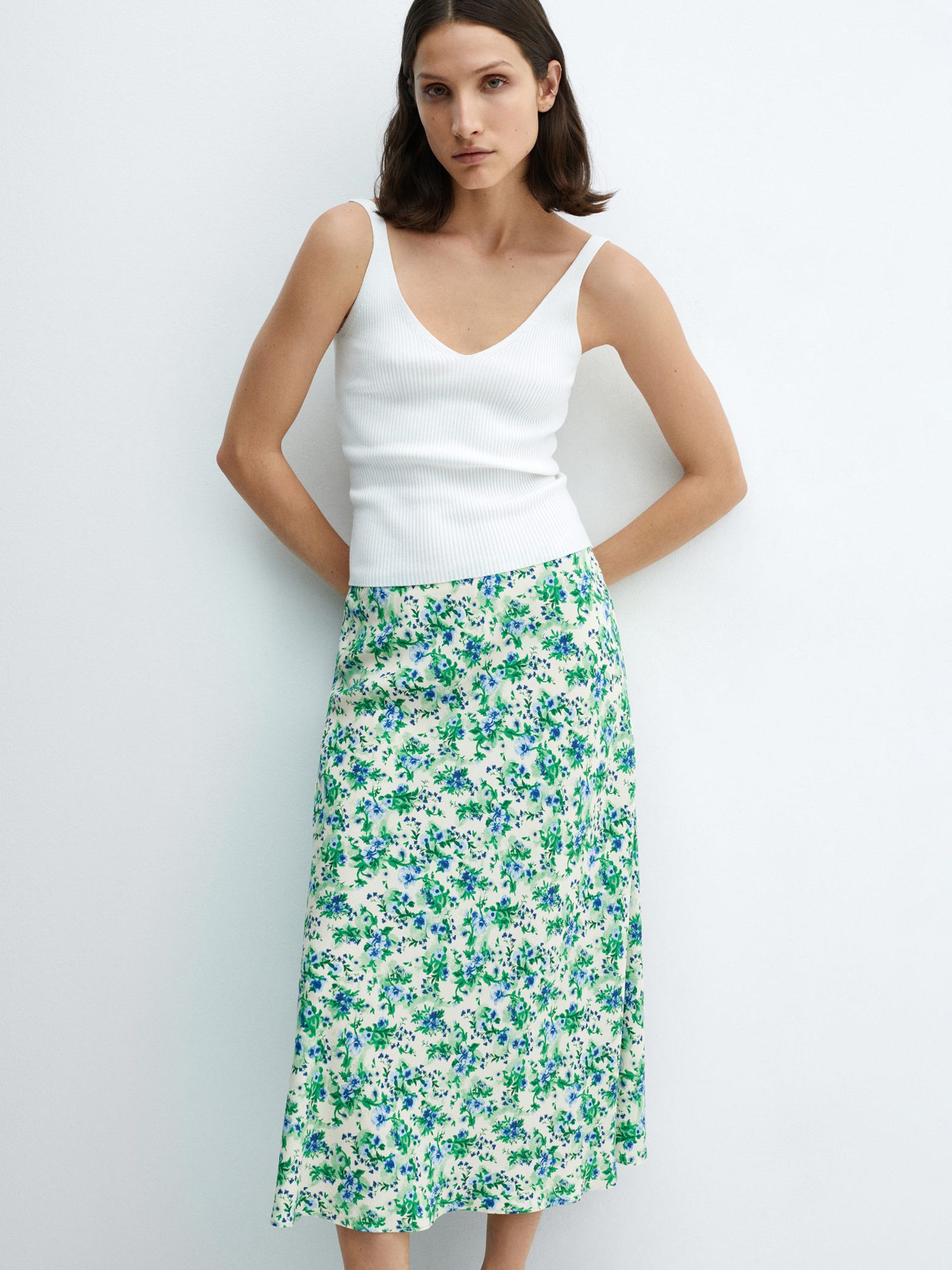 Mango Bombay Satin Floral Midi Skirt, Natural White, XXXXL