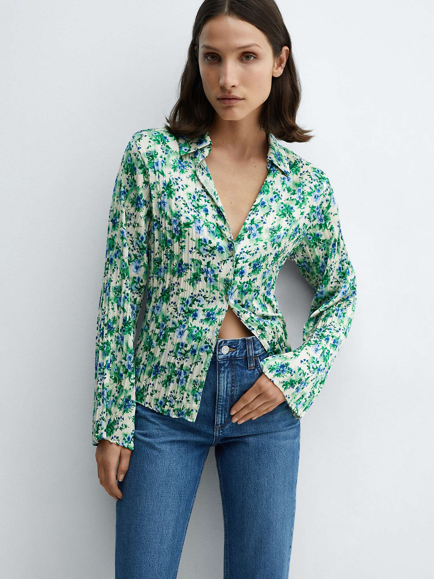 Buy Mango Floral Print Shirred Shirt, Ivory/Multi Online at johnlewis.com