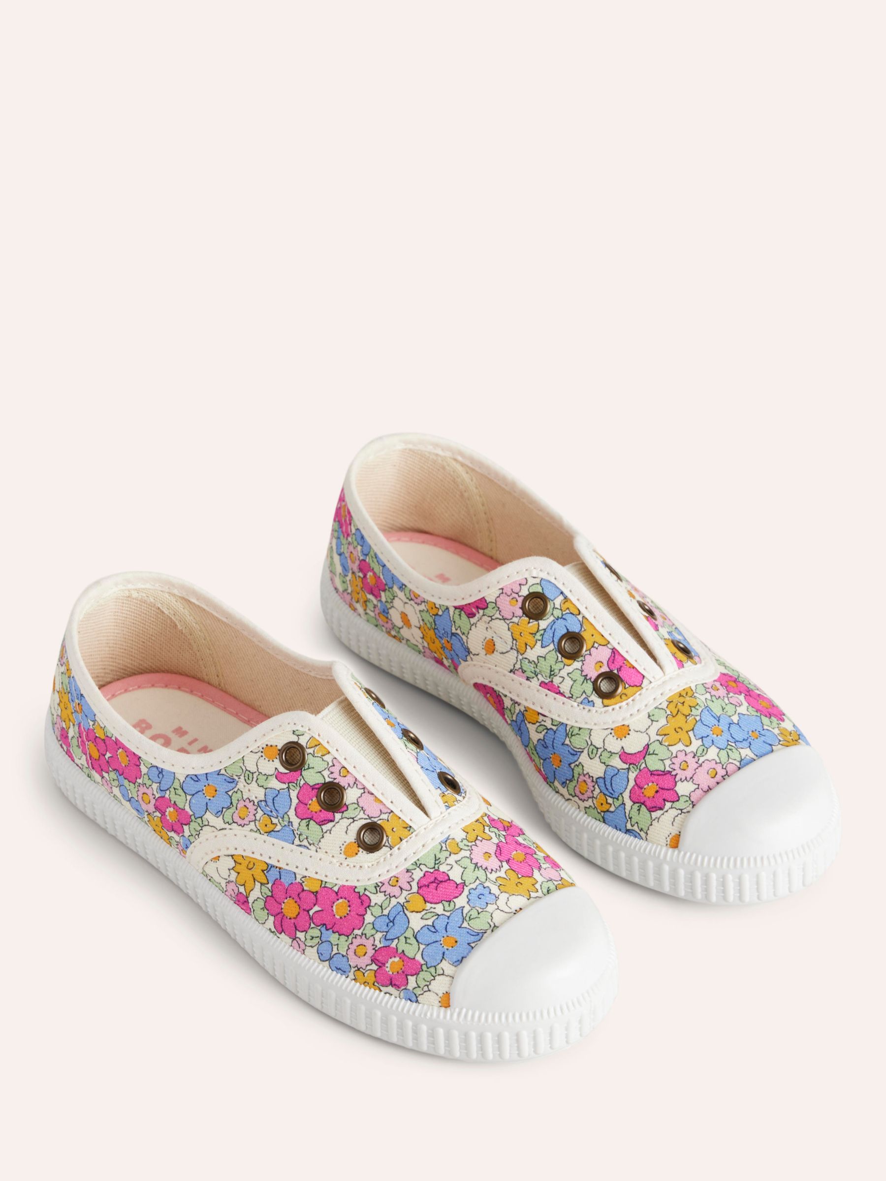 Mini Boden Kids' Canvas Laceless Floral Pull On Plimsolls, Pink Micro Floral, 7 Jnr