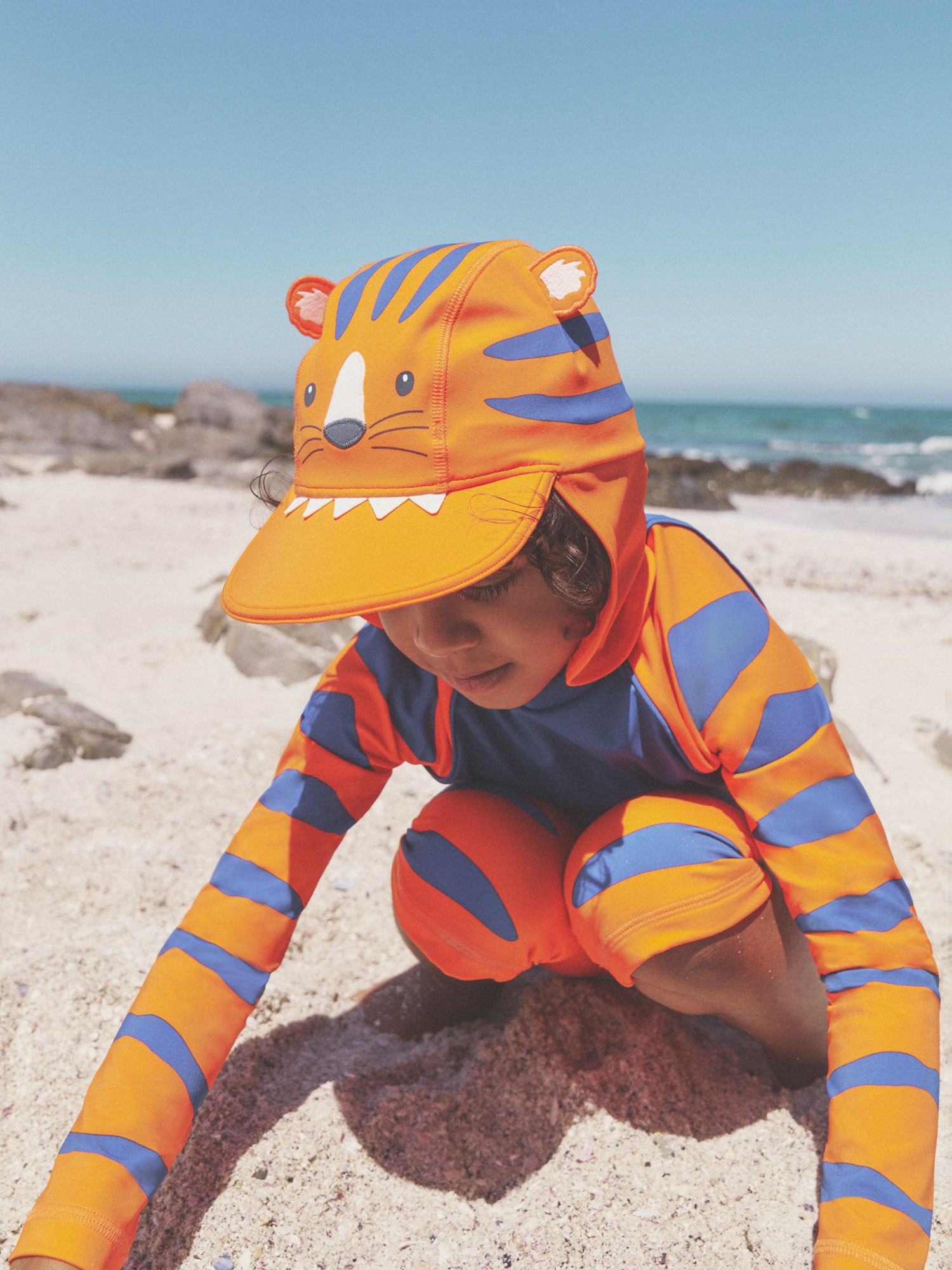 Mini Boden Kids' Tiger Sun Safe Swim Hat, Orange Tiger, 12-24 months